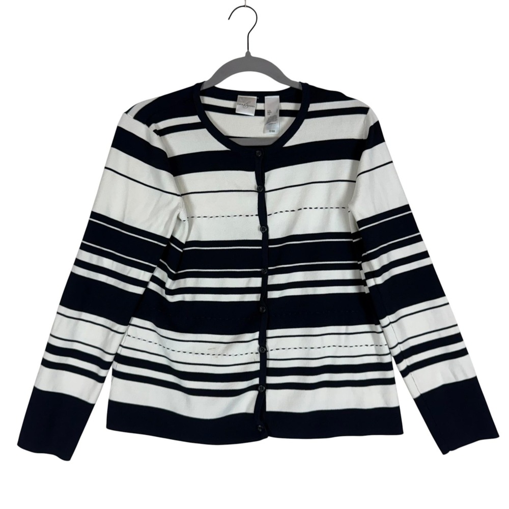 Emma James Sweater Womens L Blue Stripe Button Front Crew Neck Cardigan Knit